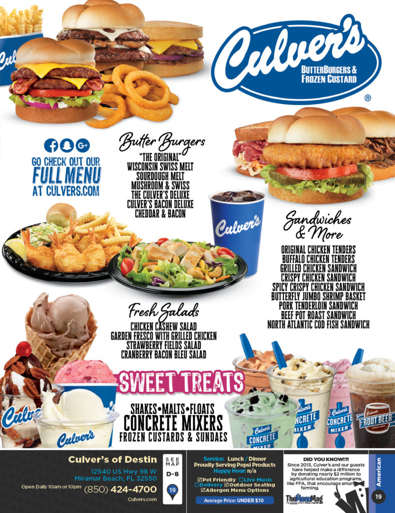 Culvers Destin Menu